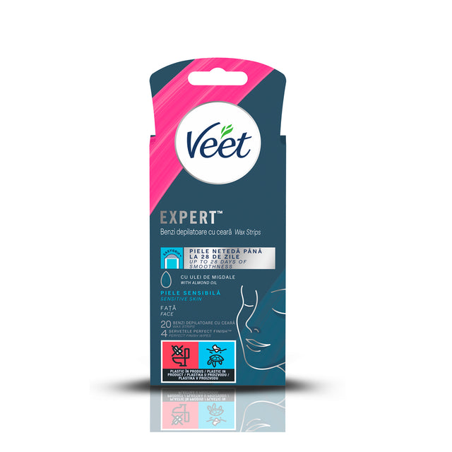 Benzi de ceară rece Veet Expert pentru față, cu ulei de migdale, 20 benzi