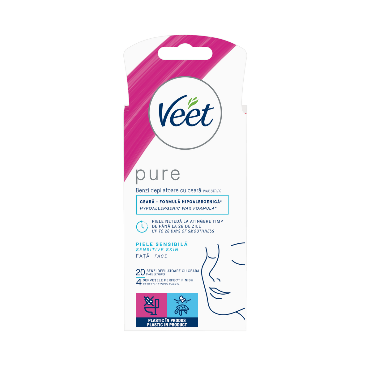 Benzi de ceară rece Veet Pure pentru față, 20 benzi