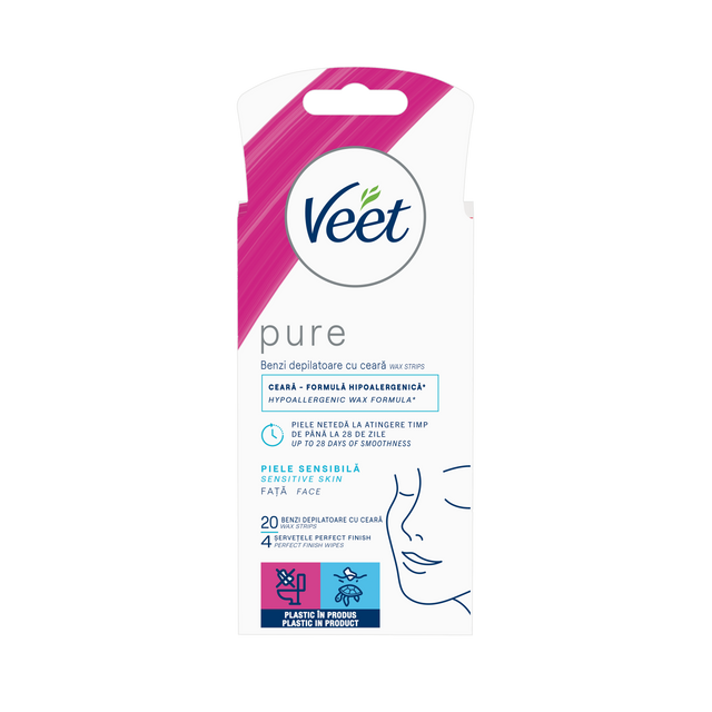 Benzi de ceară rece Veet Pure pentru față, 20 benzi
