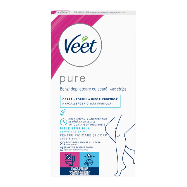 Benzi de ceară rece Veet Pure pentru picioare și corp, 20 benzi
