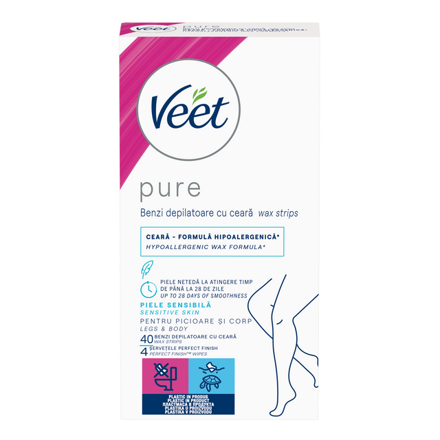 Benzi de ceară rece Veet Pure pentru piele sensibilă, picioare și corp, 40 benzi