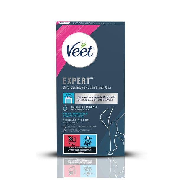 Benzi de ceară rece Veet Expert cu ulei de migdale, picioare și corp, 12 benzi