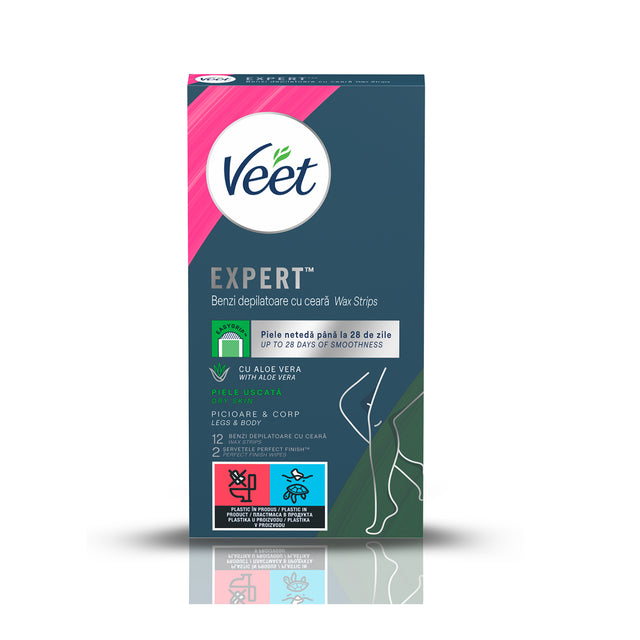 Benzi de ceară rece Veet Expert cu aloe vera, picioare și corp, 12 benzi