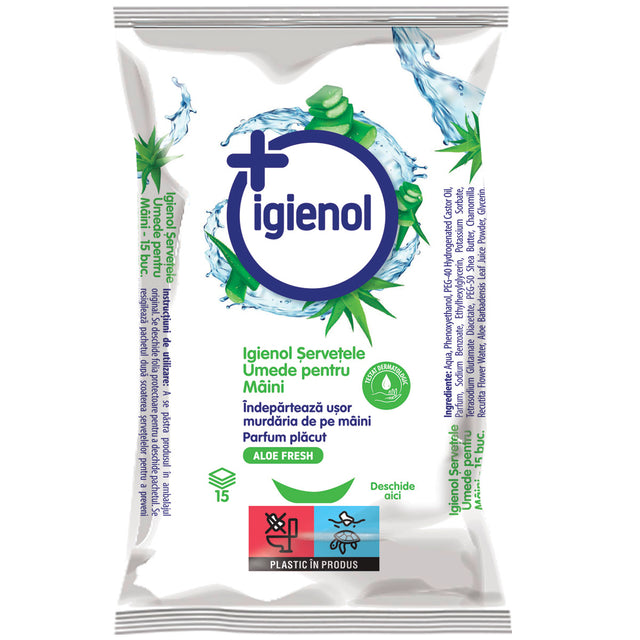 Șervețele umede pentru mâini Igienol cu aloe vera, 15 bucăți