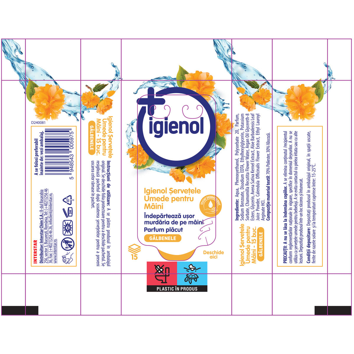 Șervețele umede pentru mâini Igienol cu gălbenele, 15 bucăți – imagine 2