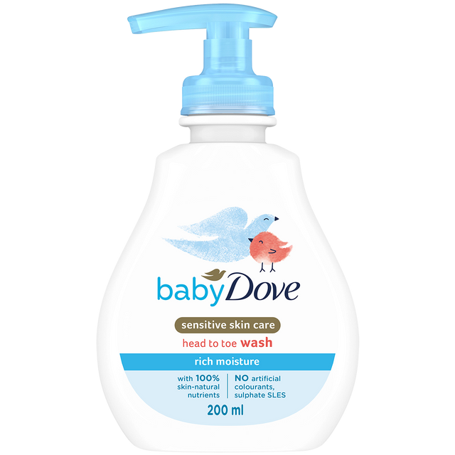 Loțiune de spălare Baby Dove Rich Moisture pentru păr și piele, 200 ml